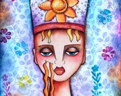 Flowers Girl Art Print, Whimsical Giclee Art Print, Illustration Art, Stenciled Lace, 5 x 7 Original, Blue Violet