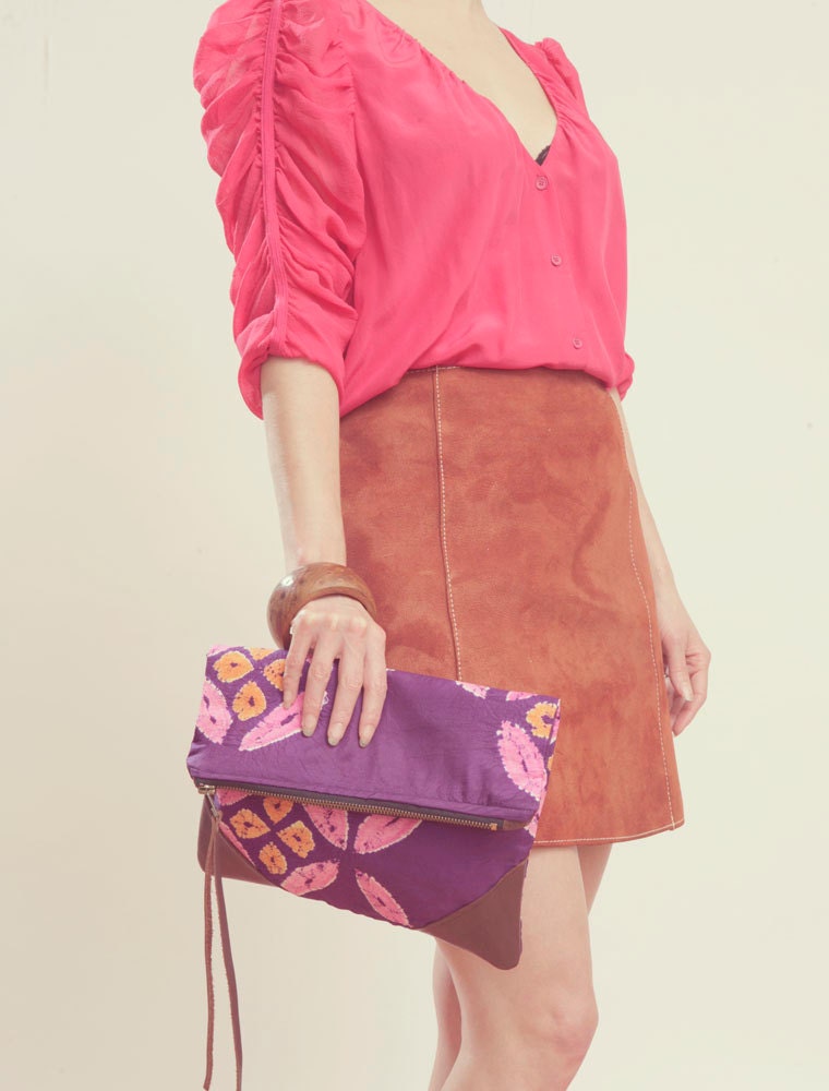 LEATHER CLUTCH. Bridesmaid Clutch. Purples and Pinks. Wedding Clutch. Tie Dye Clutch. Spring Handbags.