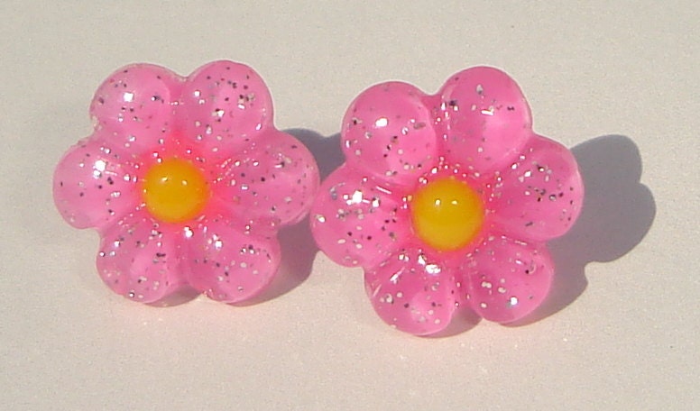petite pink glitter sparkle flowers with yellow center resin pierced post hand made earrings