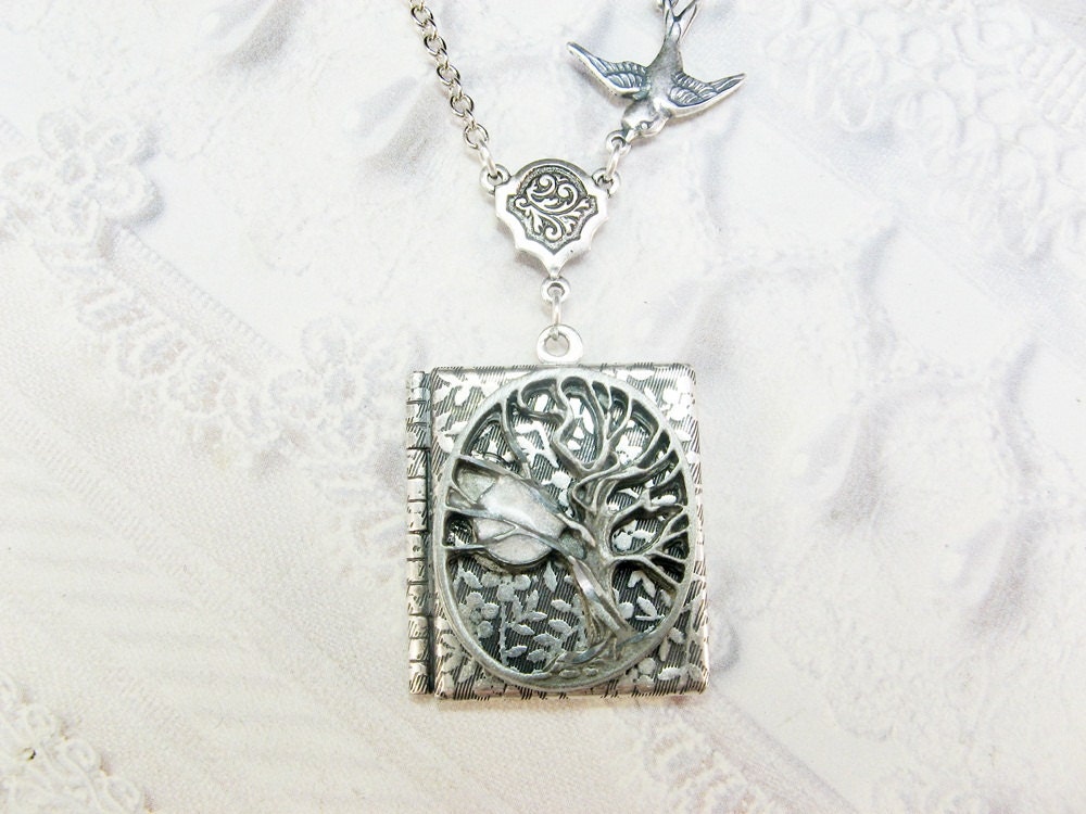 Silver Locket Necklace - Silver TREE OF LIFE Locket - Book Locket - Jewelry by BirdzNbeez - Valentine's Day Wedding Birthday Bridesmaids