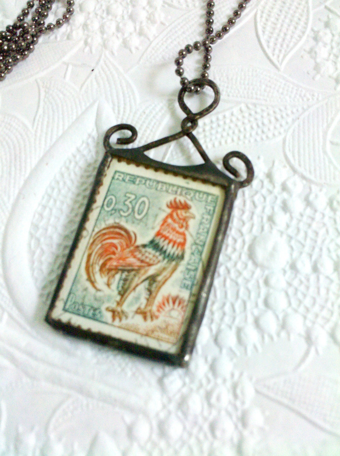 Vintage Stamp Necklace, Rooster Stamp Necklace, Soldered Stamp Pendant, Stamp Jewelry, Vintage Stamp Pendant, Quirky Eclectic Jewelry