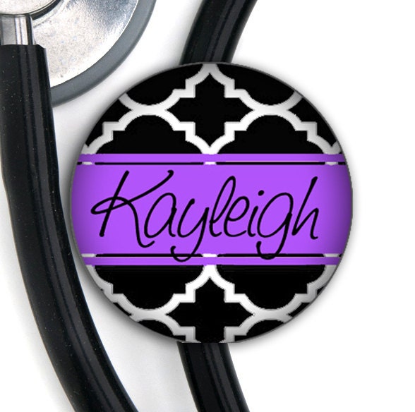 Stethoscope ID Tag - Custom Name - Black Trellis - Choice of Colors