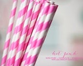 25 hot pink paper straws, striped bubble gum pink straws for parties and events, free printable flags