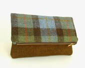 Harris Tweed Foldover Clutch - Two Tone Envelope Purse - Macleod Check and Golden Brown Weave