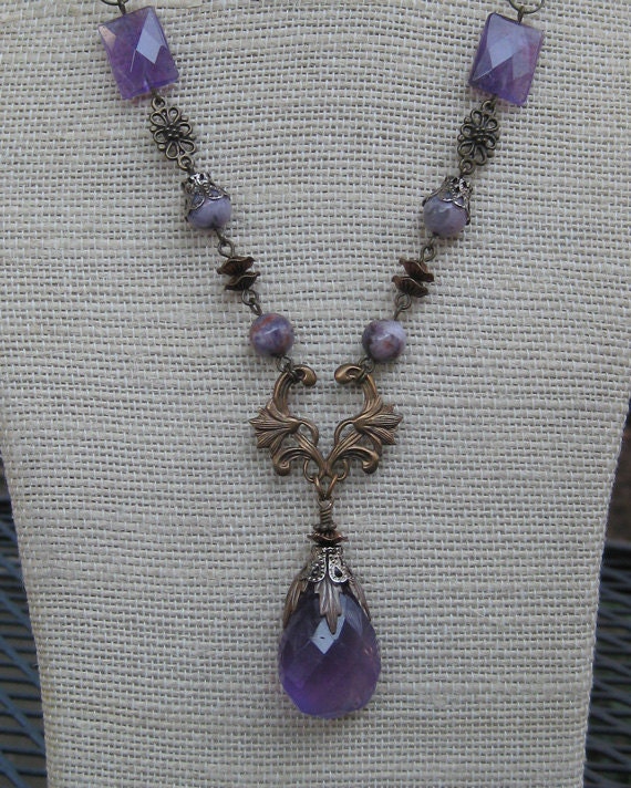 Free Earrings . Lily Amethyst Stone Necklace . Antique Brass Copper . Jewelry By envisage