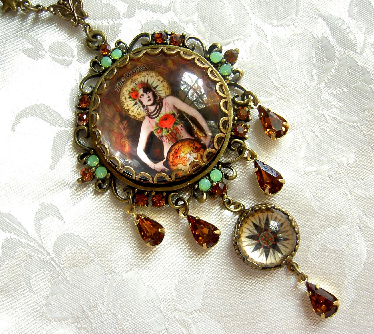 The World - Tarot Card Necklace -  Ornate Version in Rust and Jade - Carnivale Mystickal