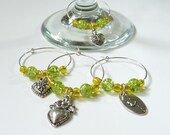 Wine Glass Markers Silver Hearts and Lime Green Lemon Yellow Beads