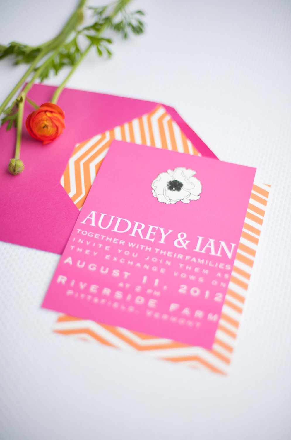 Chevron and Anemone Wedding Invitation & RSVP postcard -  Shown in Hot Pink and Orange,  32 Color Options