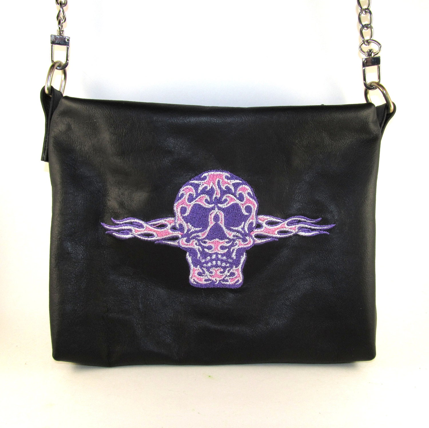 Black Leather Embroidered Skull Purse Pocketbook Shoulder Bag