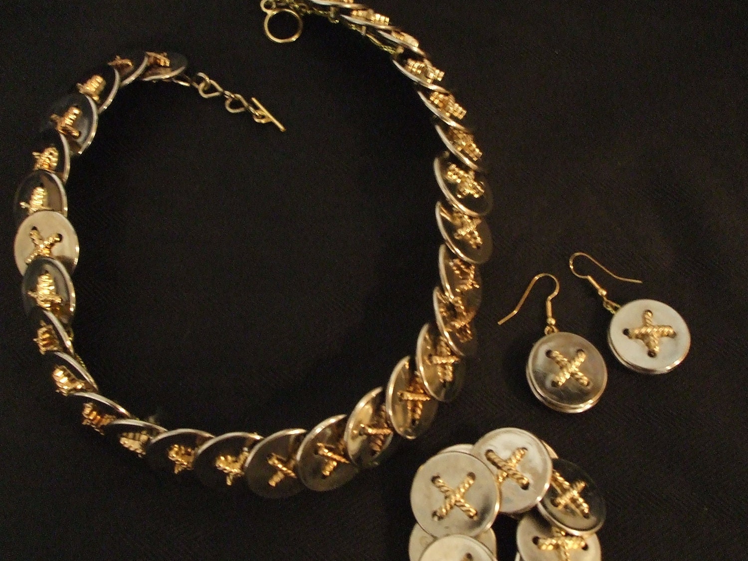 Button Jewelry-High Fashion-Statement-Buttons-Handmade-Costume Jewelry Set-Necklace-Bracelet-Earrings-"Silver and Gold"