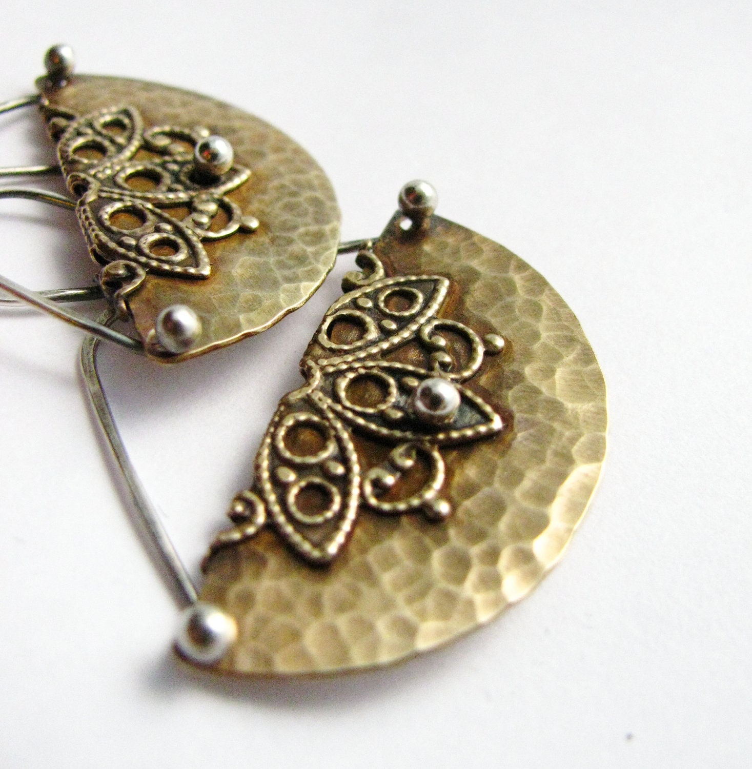 Metal Dangle Earrings - Lacy Bronze And Silver Hammered Crescent Earrings - Artisan Metalwork Jewelry