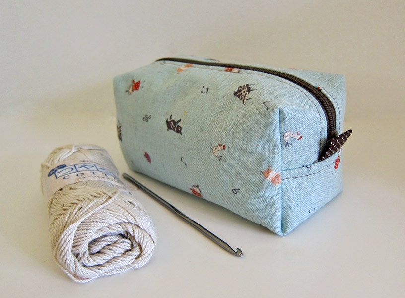 Japanese Linen Kawaii Boxy Pouch -- OOAK