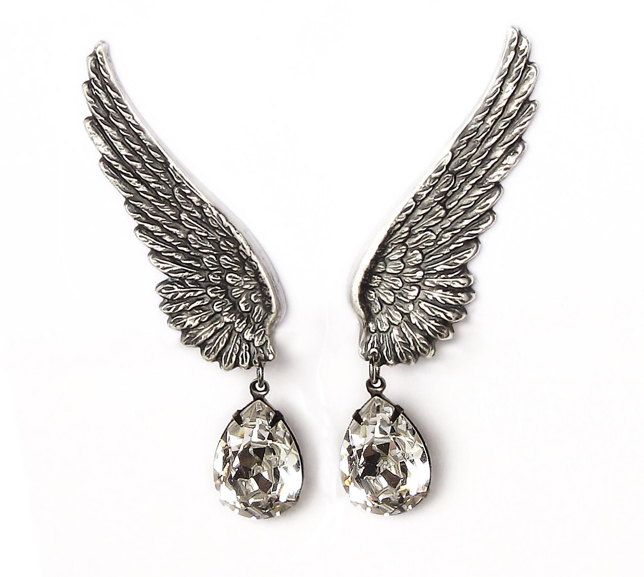 Angel Wings Earrings Clear Swarovski Drop Clip On SILVER Bridal Jewelry