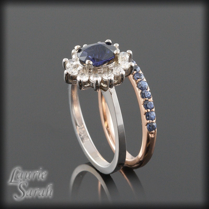 10% Off - Was 2174.10 - Blue Sapphire and Diamond Flower Engagement Ring with Blue Sapphire Rose Gold Wedding Band - LS1466