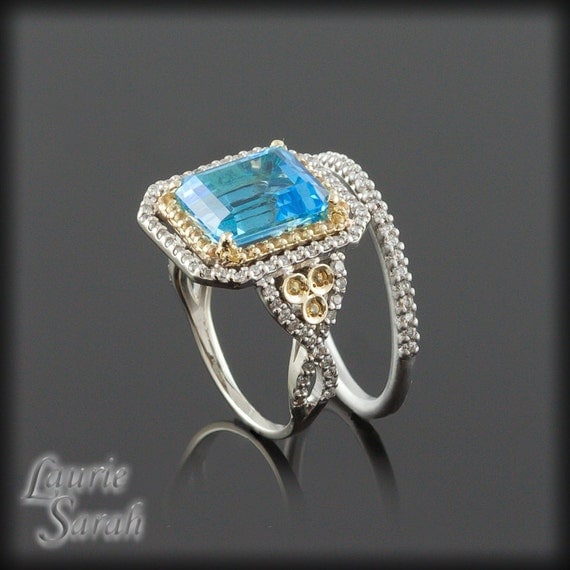 Blue Topaz, Yellow Sapphire, and Diamond Double Halo Engagement Ring with Matching Diamond Wedding Band - LS1904