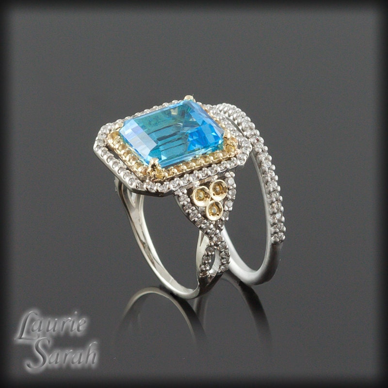 Blue Topaz, Yellow Sapphire, and Diamond Double Halo Engagement Ring with Matching Diamond Wedding Band - LS1904