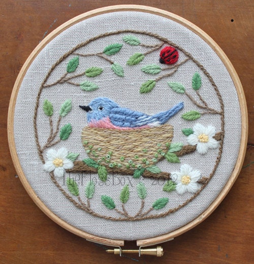 Nesting Bluebird Crewel Embroidery Pattern and Kit