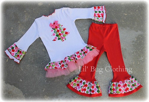 Custom Boutique Clothing Christmas Tree Tulle Dots Tee  and Pant Girl Outfit