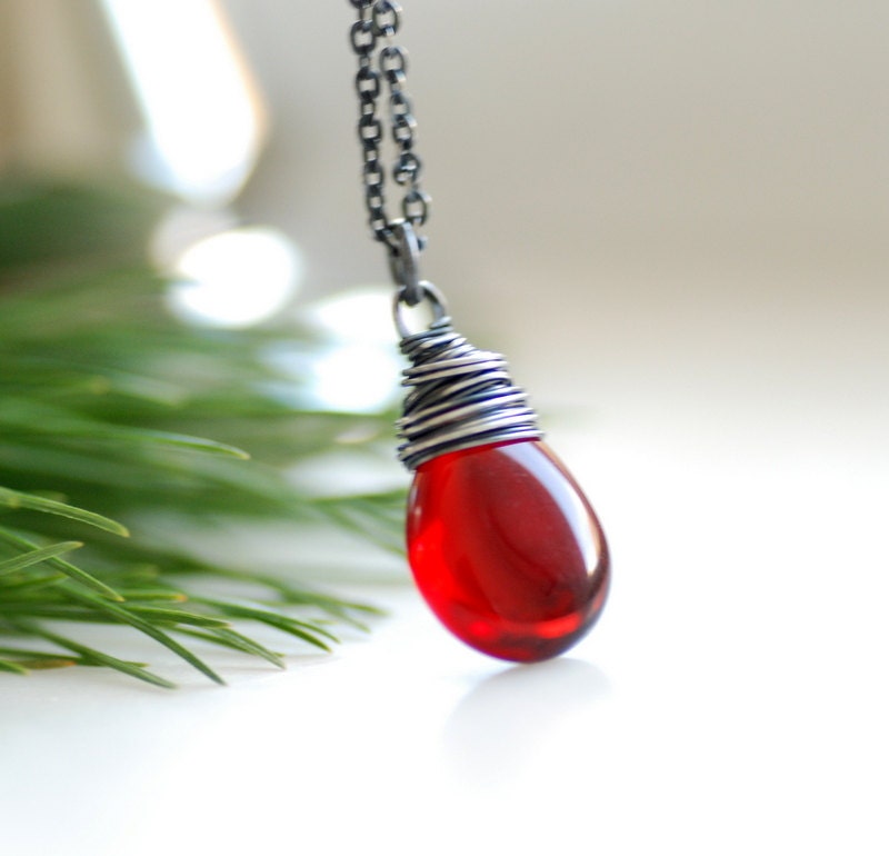 Red Glass Necklace, Red Glass Pendant, Pendant Necklace, Sterling Silver, Rustic Necklace, Holiday Jewelry, Christmas