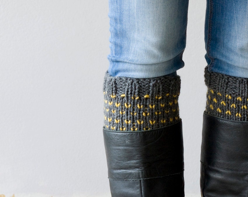 grey boot cuffs , boot toppers with yellow dots