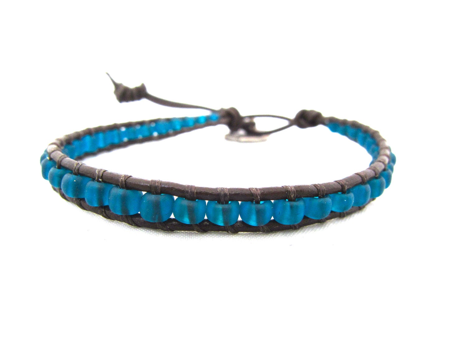 Teal Blue Czech Bead Single Layer Leather Wrap Bracelet By CraeVita. Boho Chic. Lucky Elephant Button