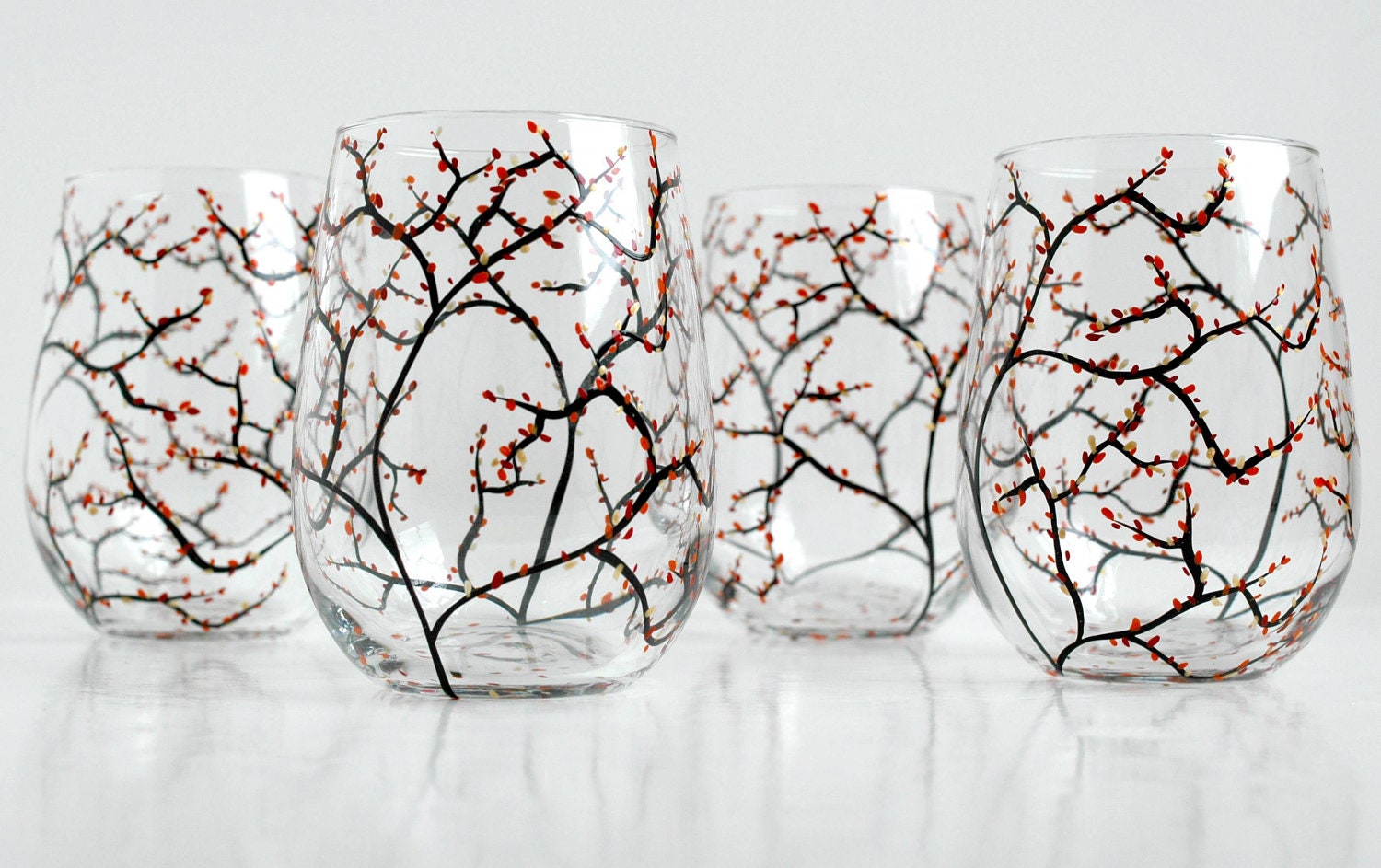 Autumn Wedding Wine Glasses - Set of 10 Stemless Hand-Painted Glasses for Your Fall Wedding Bridal Party Glassware