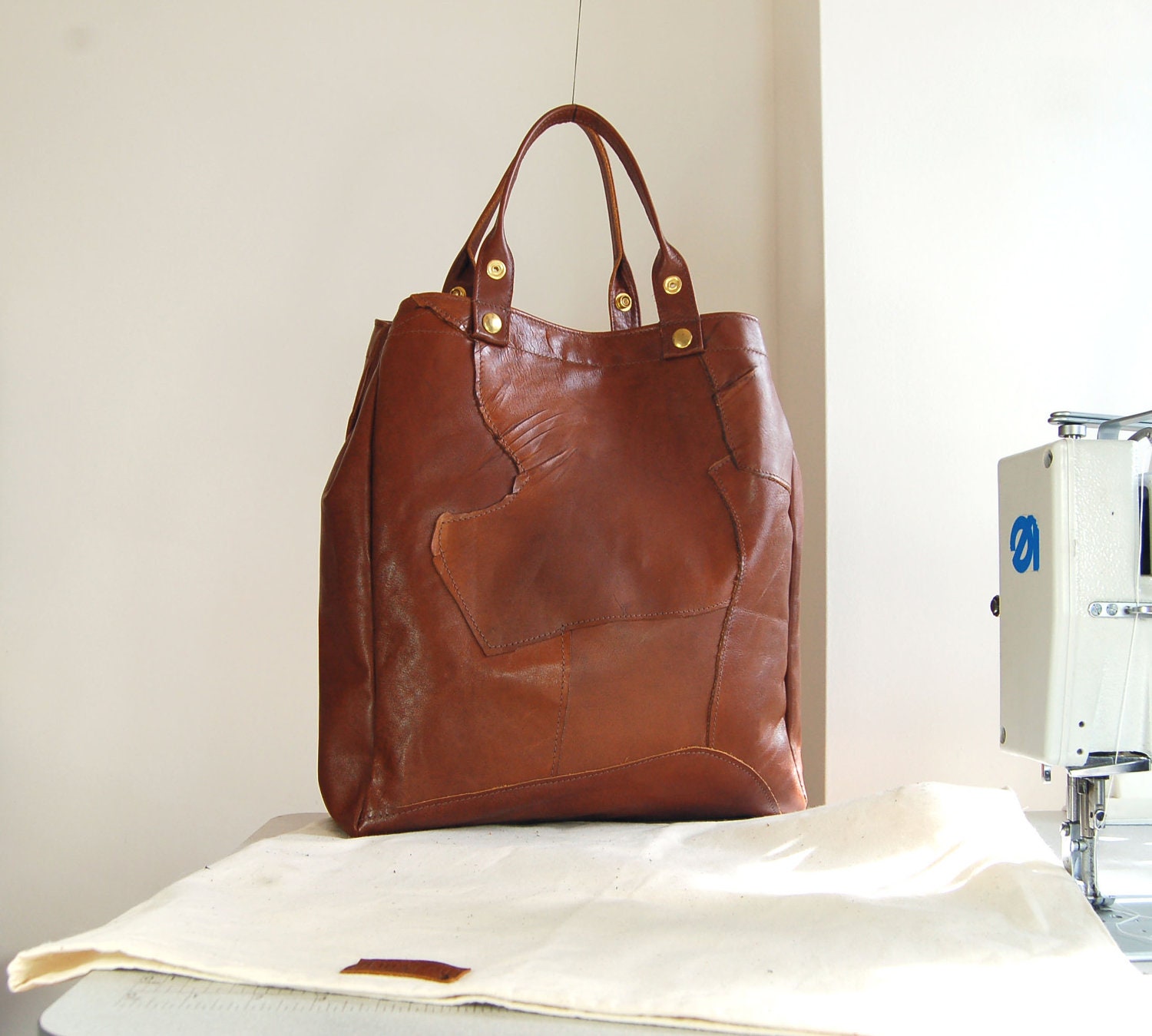 Nicole, Tan brown leather tote shoulder bag, handmade