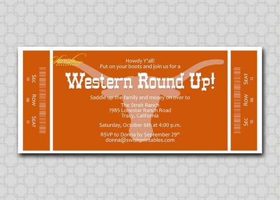 Football ticket invitation: Longhorn, cowboy up, western themed birthday party - printable party - digital Il_570xn