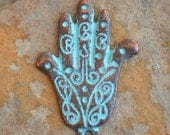 2 Green Patina Lacey Hand - Hand of Fatima Charm