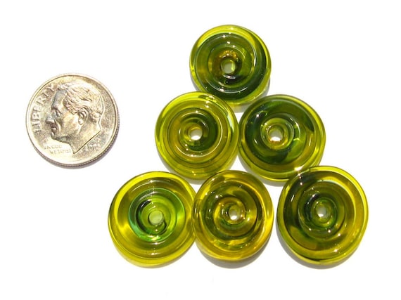 Pond Green Glass Disks - 6 Handmade Lampwork Beads SRA