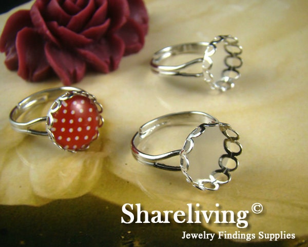 50pcs Silver Brass Adjustable Nickel Free With 12mm Round Lace Cameo Setting RI440