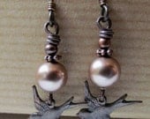 Bird and Golden Swarovski Pearl Antiqued Brass Niobium Earrings - Flying High