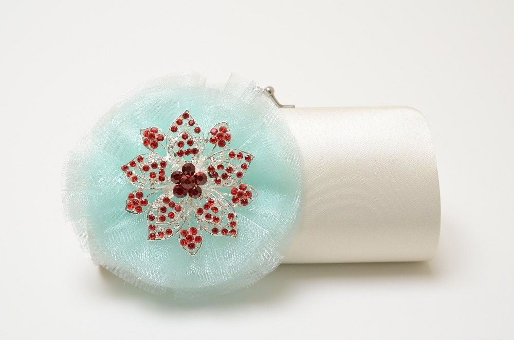 Rhinestone Bridal Clutch in Ivory - Bridesmaid Clutch - Formal Clutch - Aqua Seafoam Organza Flower Bloom with a Red Rhinestone Bling Brooch