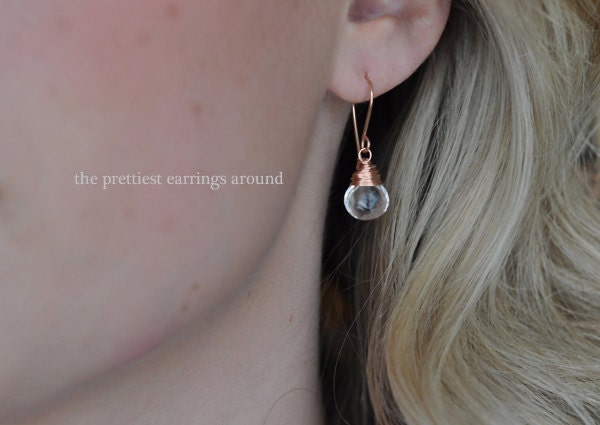 Rock Crystal Quartz  Earrings in Rose Gold filled, Wire Wrapped, April Birthstone Subtitute