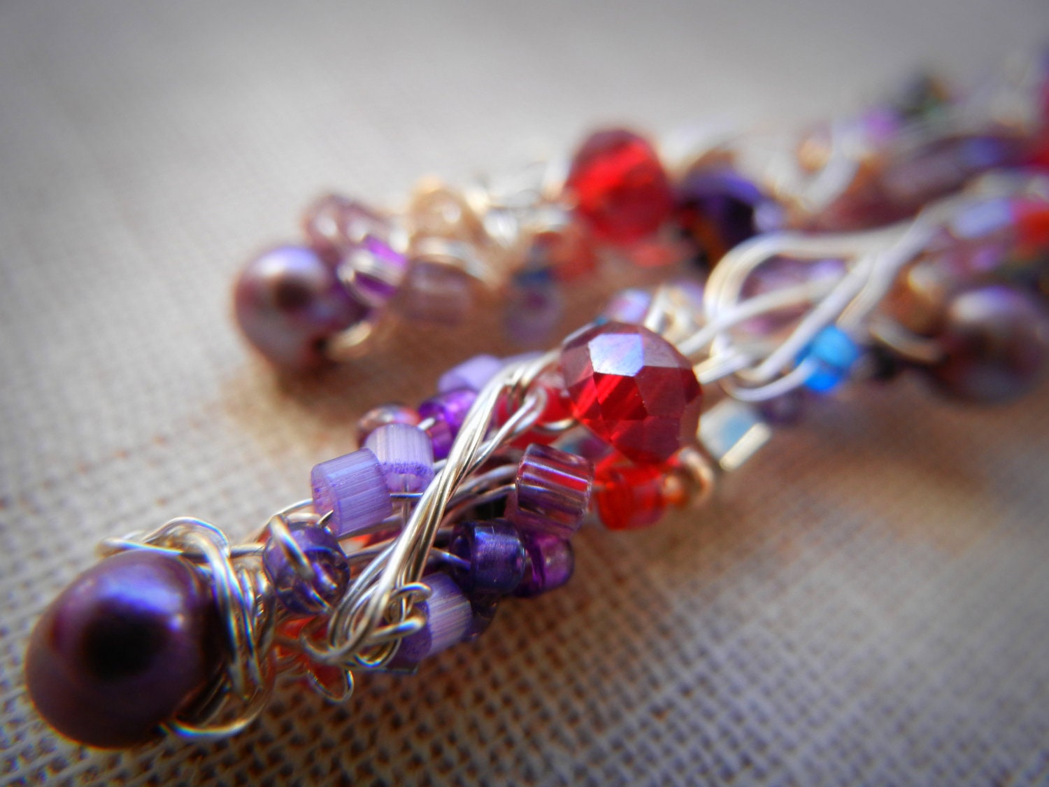 Fabulous Dangle earrings - Red, Purple, Silver - Knitted wire with pearls, Swarovski crystals, Miyuki seed beads