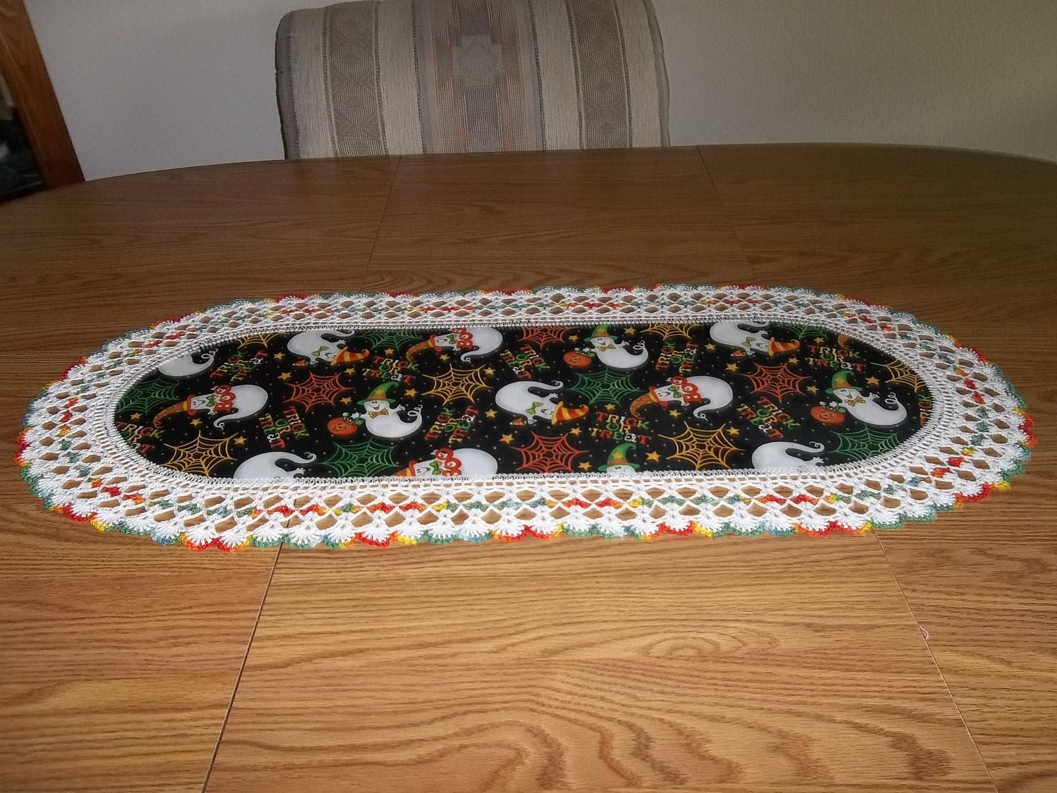 Crocheted Halloween Table Runner Trick or Treat with Ghosts Fabric Center with Crocheted Edging
