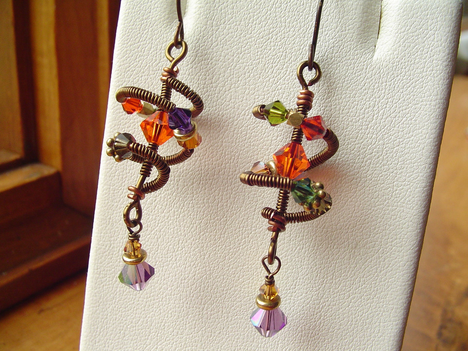 Crystal and Brass Wire Wrapped Spiral Dangle Earrings......Corkscrew