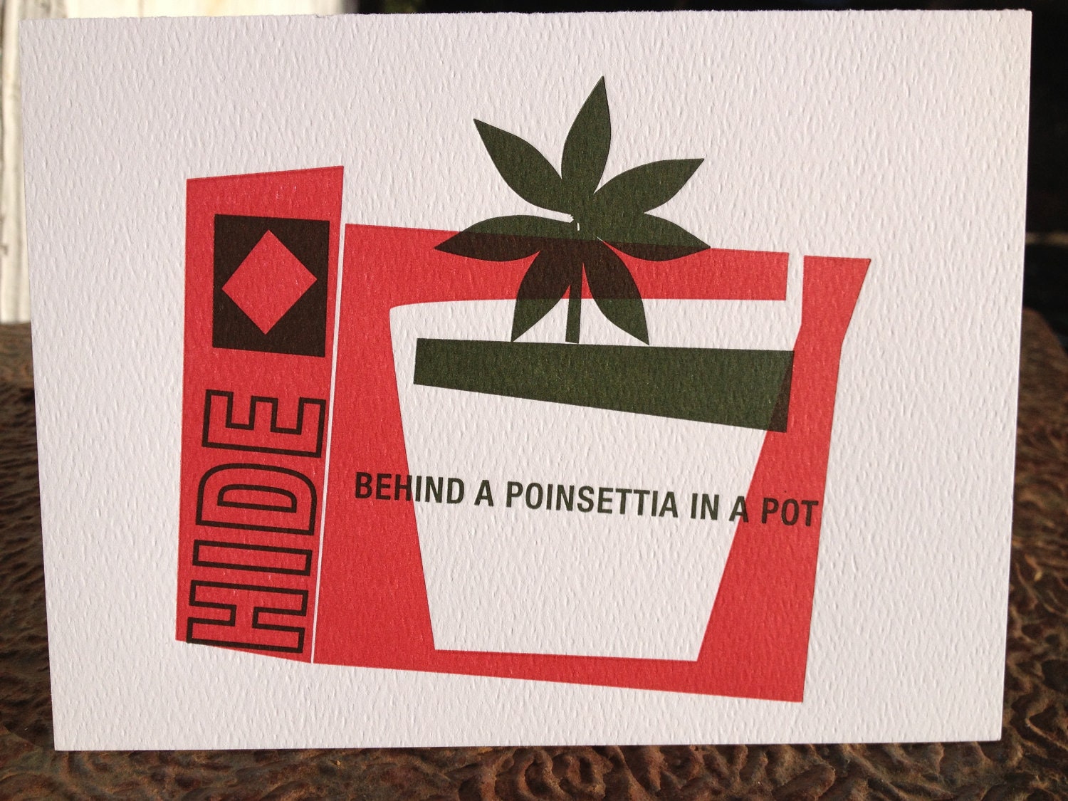 Letterpress Xmas Card - Hide behind a poinsettia