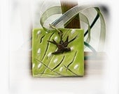 Sale Sassy Handmade Ceramic Pendant brass bird on Polka Dot  tile in Lime Green