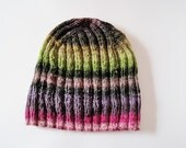 Knitted Hat - Hand Knit Traditional Hat in Luxury Yarn - Woodland Glam  - Multicolor Stripes in Apple Green, Pink, Black, Charcoal