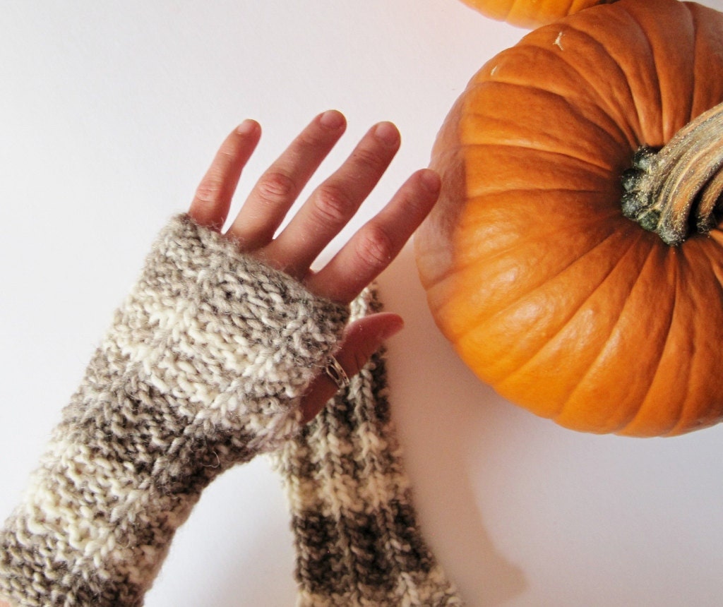 TIDAL fingerless mittens in natural, owl feather colored wool - cream & brown - earthy mori girl fingerless mittens sale