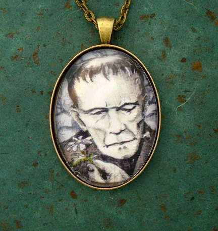 Frankenstein, Boris Karloff as the monster, Locket Miniature Portrait original wearable art print, watercolor