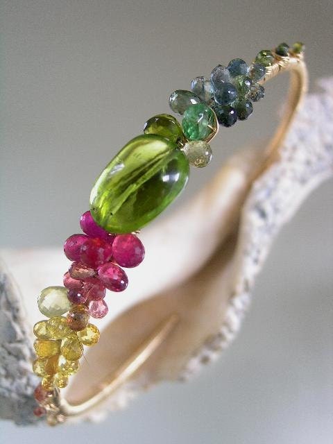 Kind of Magikal...Peridot Ruby Red Green Blue Yellow Sapphire Encrusted Signature Original Gold Filled Cuff Bracelet