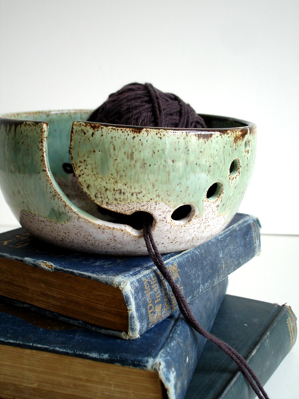 White Green Wheel Thrown Yarn Bowl