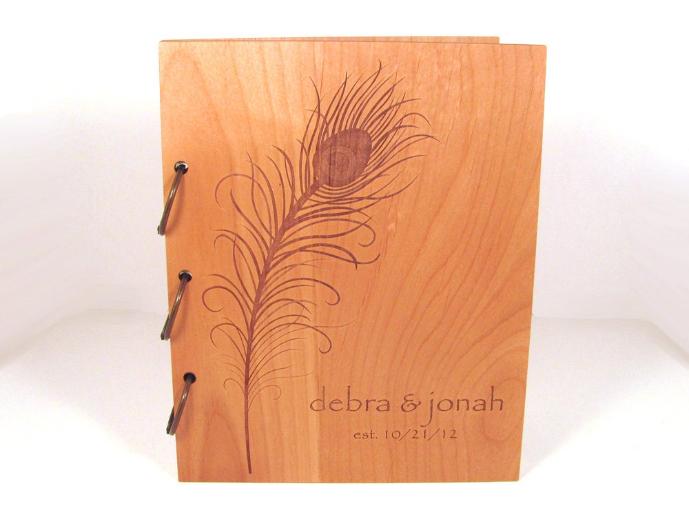 Wooden Wedding Guest Book Photo Album LARGE SIZE - Peacock Feather