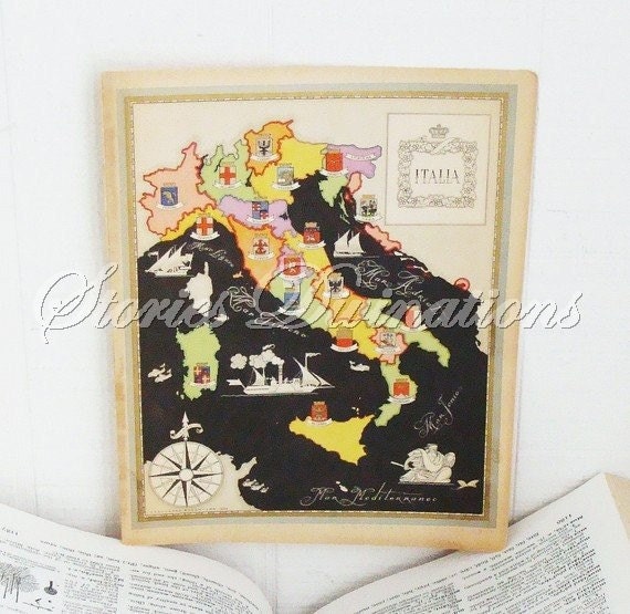 Italy - Antique Map of Italy - Original Gilded Chromolithograph Art Deco Map of Italy by Illustrator Nicouline