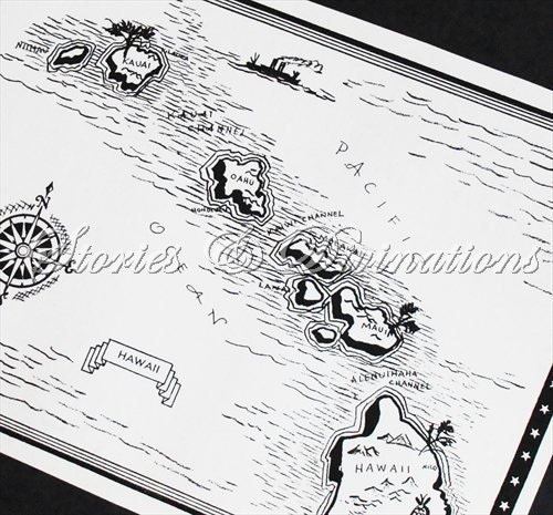Hawaii Vintage Map - Black and White Vintage Map of  Hawaii - 1940s Original State Picture Map - A Fun Little Pitcure Map to Frame