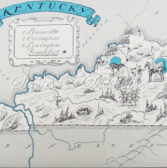Kentucky Map - Vintage Map of Kentucky - A Fun and Funky Little 1930s Vintage Picture Map of Kentucky to Frame