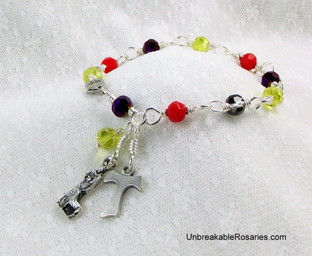 Rosary Bracelet St Francis with the Wolf of Gubbio in Faceted Rainbow Glass with Tau Cross