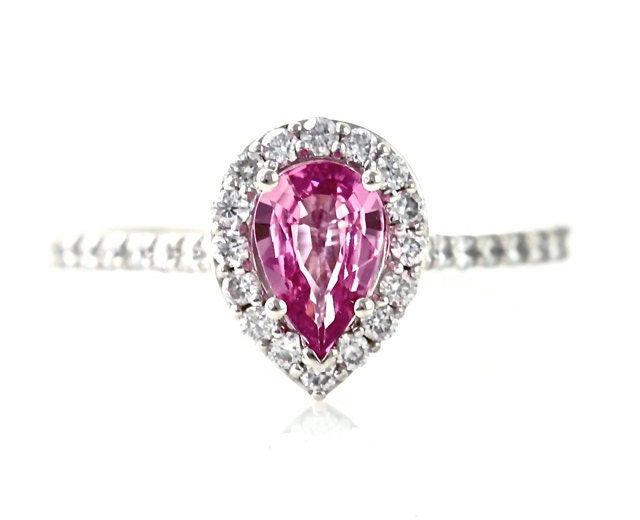14K Pink Sapphire Engagement Ring Pear Diamond Halo Sapphire Ring 18K Platinum Palladium Bridal Jewelry